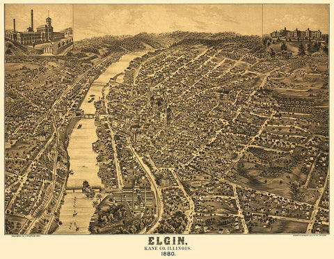 Elgin Illinois - Shober 1880 Black Ornate Wood Framed Art Print with Double Matting by Shober
