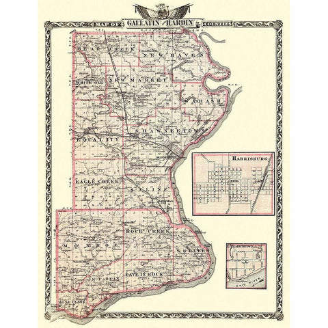 Gallatin  Hardin Illinois Landowner - Warner 1876 Gold Ornate Wood Framed Art Print with Double Matting by Warner