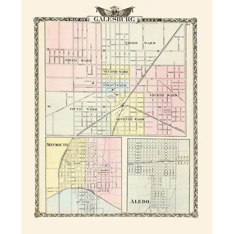 Galesburg, Monmouth, Aledo Illinois - Warner 1876 Black Modern Wood Framed Art Print with Double Matting by Warner