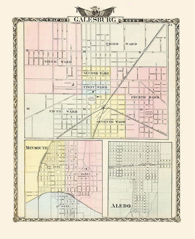 Galesburg, Monmouth, Aledo Illinois - Warner 1876 Black Ornate Wood Framed Art Print with Double Matting by Warner