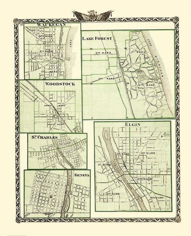 Lake Forest, Elgin, Geneva Illinois - Warner 1870 White Modern Wood Framed Art Print with Double Matting by Warner