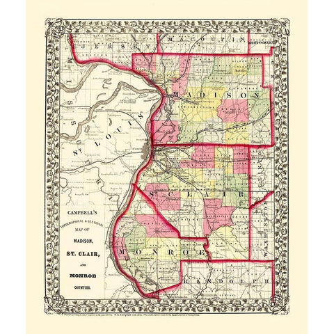 Madison  St Clair  Monroe Illinois - Campbell 1850 Black Modern Wood Framed Art Print with Double Matting by Campbell