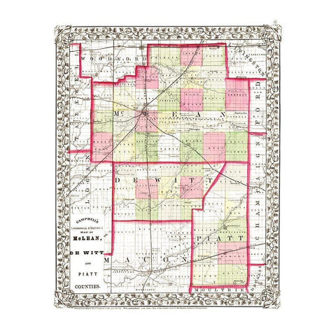 Mclean  Piatt  De Witt Illinois - Campbell 1850 White Modern Wood Framed Art Print by Campbell