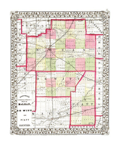 Mclean  Piatt  De Witt Illinois - Campbell 1850 Black Ornate Wood Framed Art Print with Double Matting by Campbell