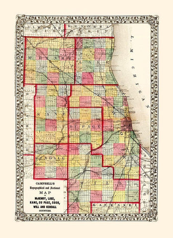 Mchenry  Kane  Cook  Will Illinois - Campbell 1850 White Modern Wood Framed Art Print with Double Matting by Campbell