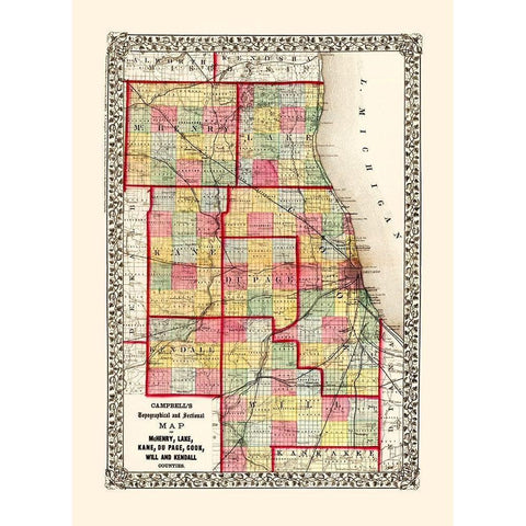 Mchenry  Kane  Cook  Will Illinois - Campbell 1850 Black Modern Wood Framed Art Print by Campbell