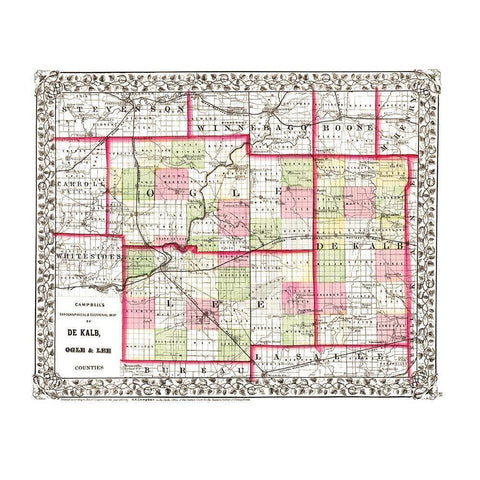 De Kalb  Ogle  Lee Illinois - Campbell 1850 White Modern Wood Framed Art Print by Campbell