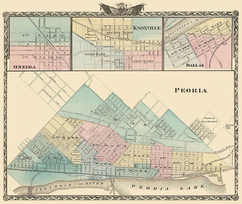 Peoria, Oneida, Knoxville, Dallas Illinois Black Ornate Wood Framed Art Print with Double Matting by Warner