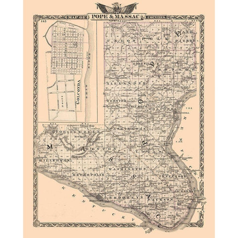 Pope and Massac Counties  Illinois - Beers 1876 Gold Ornate Wood Framed Art Print with Double Matting by Beers