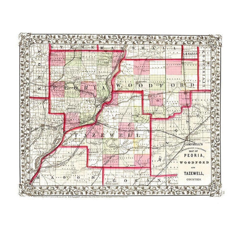 Peoria  Woodford  Tazewell Illinois - Campbell Gold Ornate Wood Framed Art Print with Double Matting by Campbell