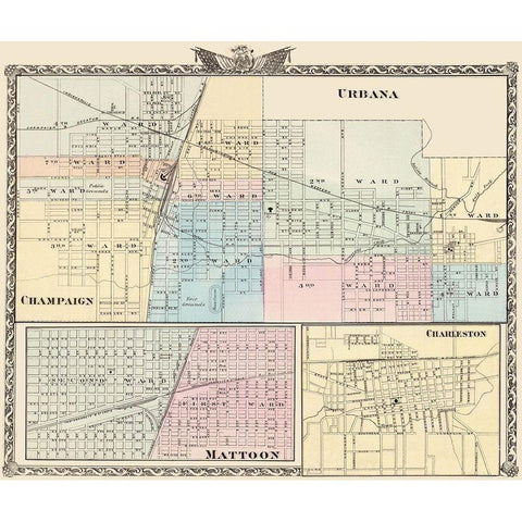 Urbana, Champaign, Mattoon, Charleston Illinois Black Modern Wood Framed Art Print with Double Matting by Warner