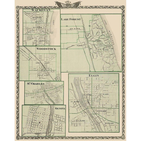 Waukegan, Lake Forest, Elgin, Woodstock, Illinois Black Modern Wood Framed Art Print by Warner