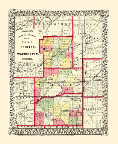 Washington  Bond  Clinton Illinois - Campbell 1850 Black Ornate Wood Framed Art Print with Double Matting by Campbell