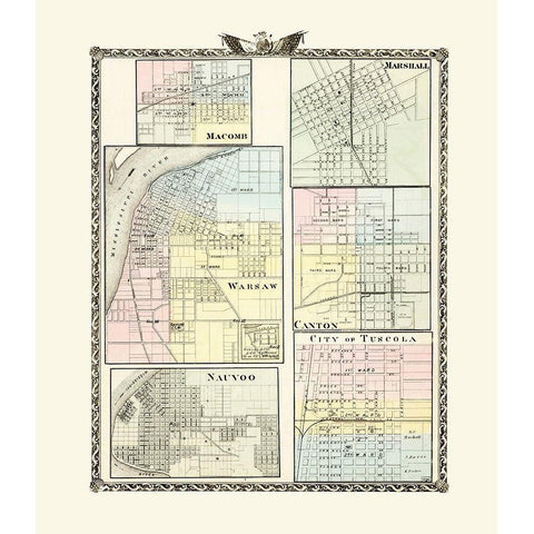 Macomb, Marshall, Warsaw, Canton, Nauvoo, Tuscola Black Modern Wood Framed Art Print by Warner