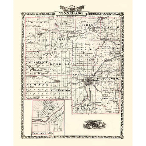 Winnebago Illinois Landowner - Warner 1876 Gold Ornate Wood Framed Art Print with Double Matting by Warner