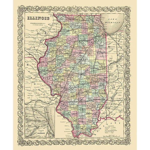 Illinois - Colton 1856 Black Modern Wood Framed Art Print with Double Matting by Colton