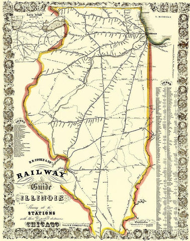 Illinois Railways - Cooke 1855 Black Ornate Wood Framed Art Print with Double Matting by Cooke