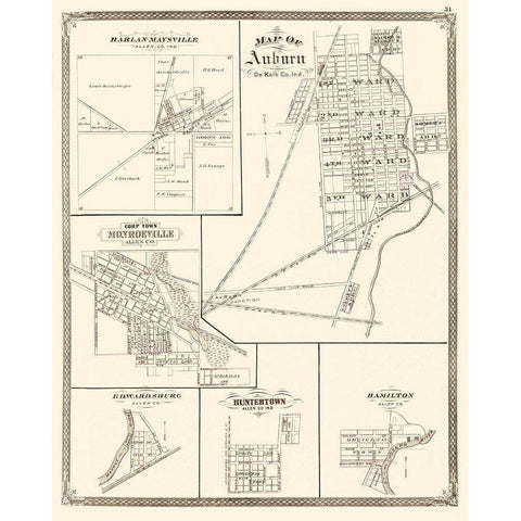 Auburn Indiana Landowner - Baskin 1876 Gold Ornate Wood Framed Art Print with Double Matting by Baskin