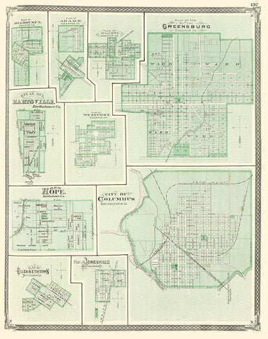 Greensburg, Columbus, Hartsville, Hope Indiana Black Ornate Wood Framed Art Print with Double Matting by Baskin