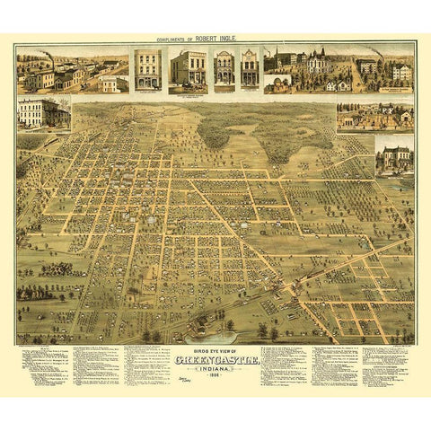 Greencastle Indiana - Shober 1886 Gold Ornate Wood Framed Art Print with Double Matting by Shober