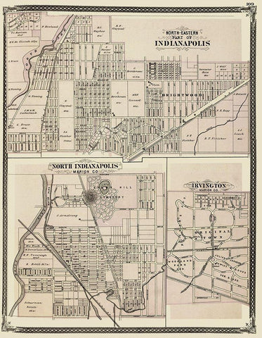 Indianapolis Indiana Landowner - Baskin 1876 Black Ornate Wood Framed Art Print with Double Matting by Baskin