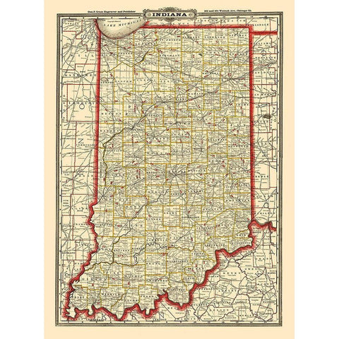 Indiana Railroads - Cram 1888  Gold Ornate Wood Framed Art Print with Double Matting by Cram