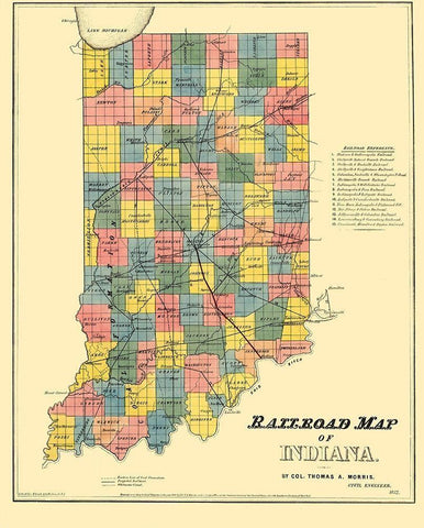 Railroad Map of Indiana - Morris 1852 White Modern Wood Framed Art Print with Double Matting by Morris