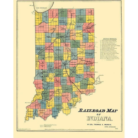 Railroad Map of Indiana - Morris 1852 Gold Ornate Wood Framed Art Print with Double Matting by Morris