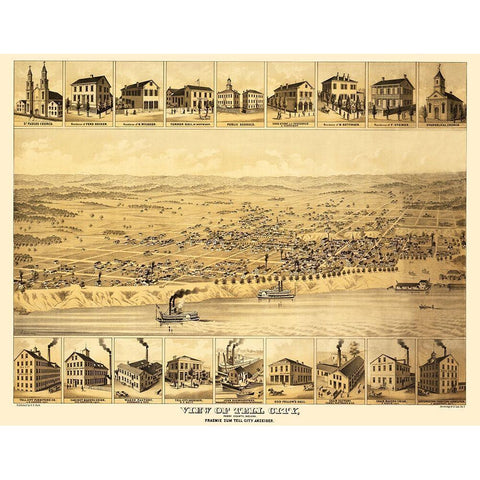 Tell City Indiana - Strobridge 1870 White Modern Wood Framed Art Print by Strobridge