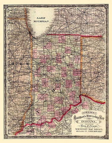 Indiana - Cram 1875 Black Ornate Wood Framed Art Print with Double Matting by Cram