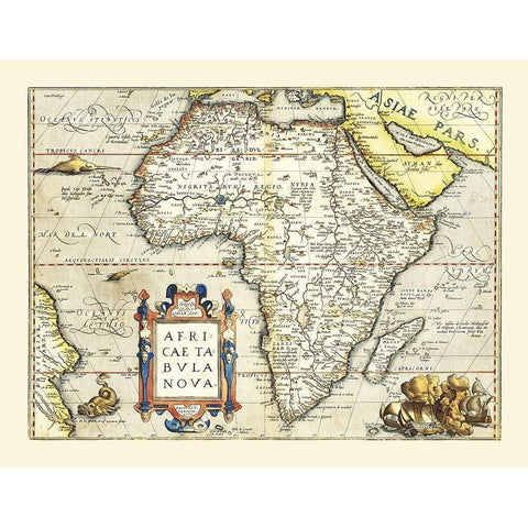 Africa - Ortelius 1570 Gold Ornate Wood Framed Art Print with Double Matting by Ortelius