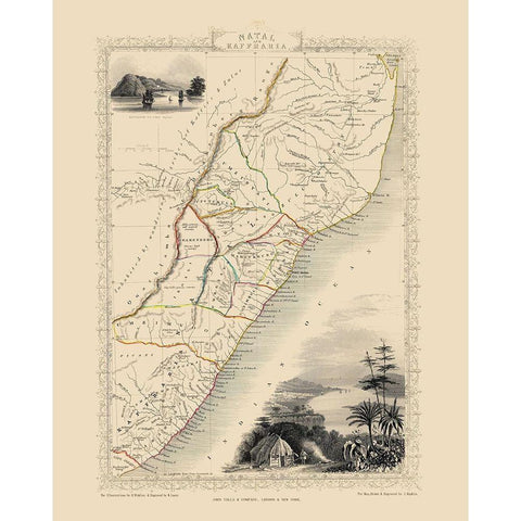 Natal Kaffraria South Africa - Tallis 1851 Gold Ornate Wood Framed Art Print with Double Matting by Tallis