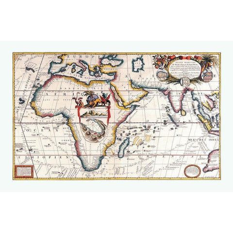Maritime Route Brest to Siam Africa Gold Ornate Wood Framed Art Print with Double Matting by Coronelli