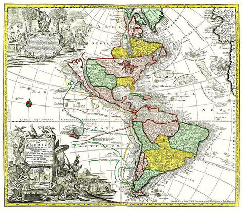 North South America - Seutter 1745 White Modern Wood Framed Art Print with Double Matting by Seutter
