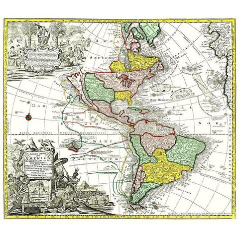 North South America - Seutter 1745 Black Modern Wood Framed Art Print with Double Matting by Seutter