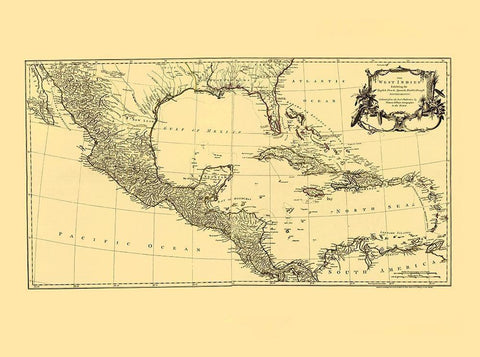 Americas Caribbean Gulf of Mexico - Jefferys 1760 Black Ornate Wood Framed Art Print with Double Matting by Jefferys