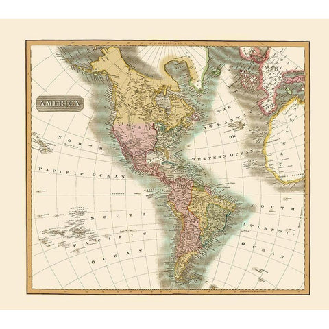 North South America - Thomson 1814 Gold Ornate Wood Framed Art Print with Double Matting by Thomson