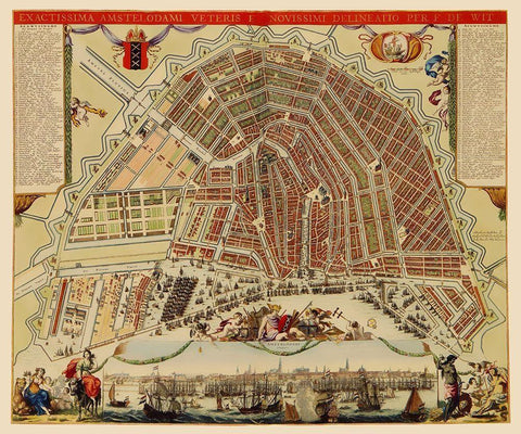 Amsterdam Panoramic Netherlands - De Wit 1688 White Modern Wood Framed Art Print with Double Matting by De Wit