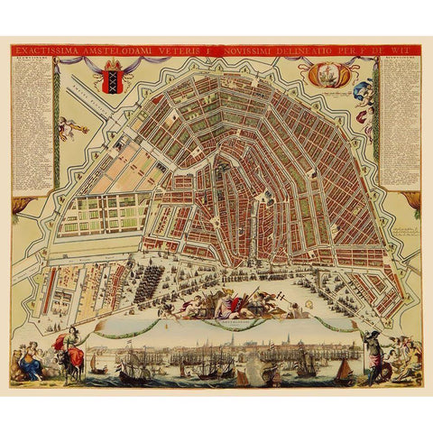 Amsterdam Panoramic Netherlands - De Wit 1688 Gold Ornate Wood Framed Art Print with Double Matting by De Wit