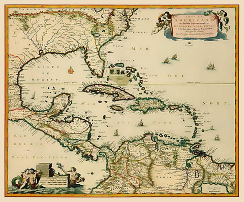 Central America Caribbean - Visscher 1681 Black Ornate Wood Framed Art Print with Double Matting by Visscher