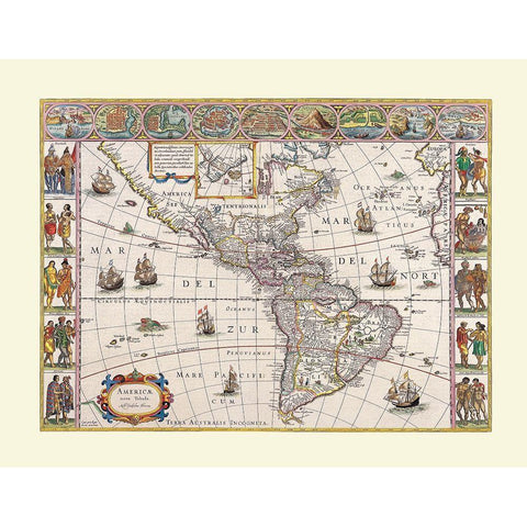 North South America - Blaeu Black Modern Wood Framed Art Print with Double Matting by Blaeu