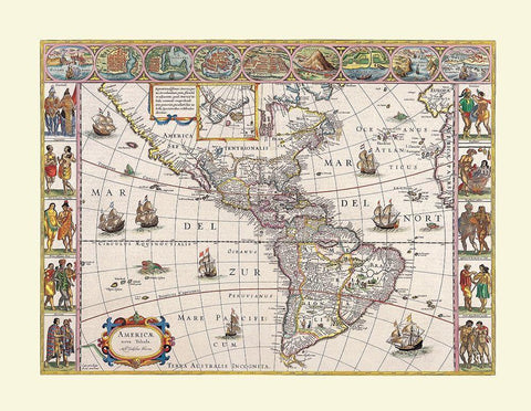North South America - Blaeu White Modern Wood Framed Art Print with Double Matting by Blaeu