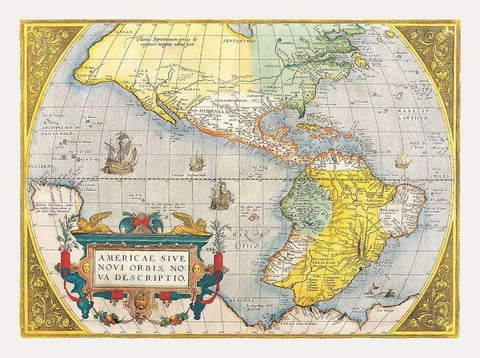 North South America - Ortelius 1570 Black Ornate Wood Framed Art Print with Double Matting by Ortelius