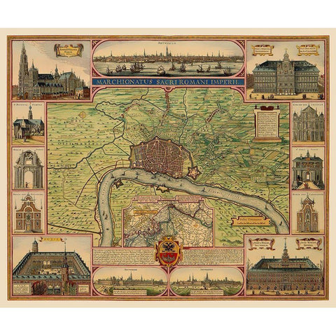 Antwerp Area Belgium Benelux - Visscher 1624 Gold Ornate Wood Framed Art Print with Double Matting by Visscher