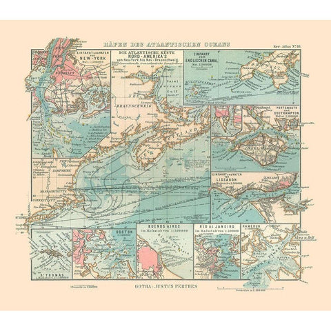 Atlantic Ocean Ports - Perthes 1914 Gold Ornate Wood Framed Art Print with Double Matting by Perthes