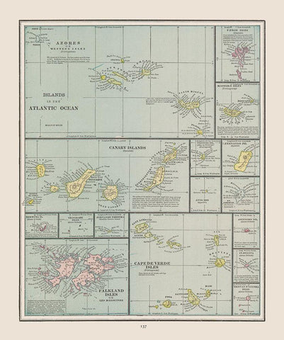 Islands of Atlantic Ocean - Cram 1892 Black Ornate Wood Framed Art Print with Double Matting by Cram