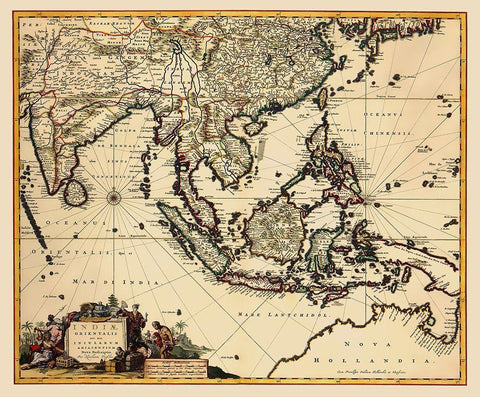 Southeast Asia with Oceania - Visscher 1681 White Modern Wood Framed Art Print with Double Matting by Visscher