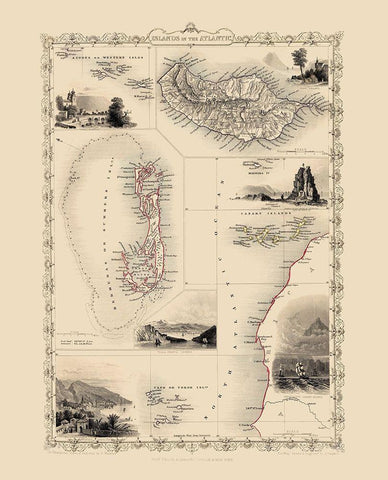 Atlantic Islands - Tallis 1851 Black Ornate Wood Framed Art Print with Double Matting by Tallis