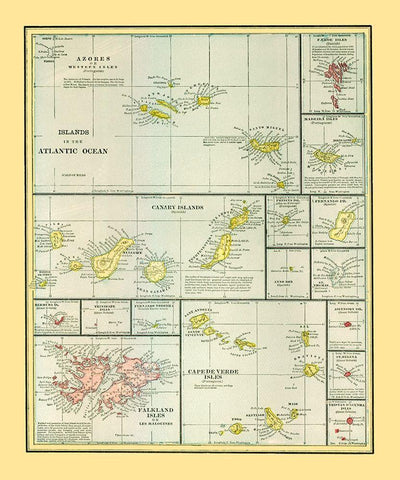 Atlantic Ocean Islands - Cram 1889 Black Ornate Wood Framed Art Print with Double Matting by Cram