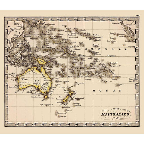 Australia Oceania - Stieler 1852 Black Modern Wood Framed Art Print by Stieler